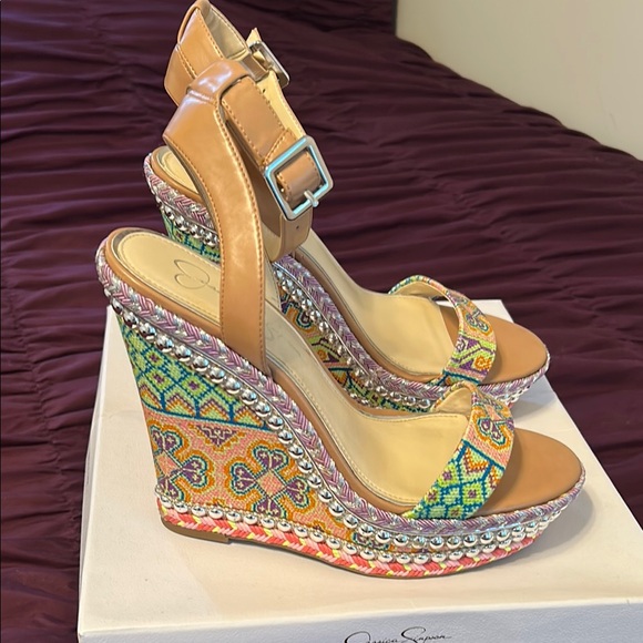 Jessica Simpson Beige Wedge Sandals with Crystal Embellishments - Picture 2 of 10